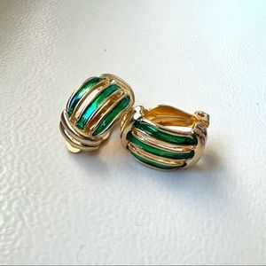 Vintage gold-tone green enamel clip on earrings